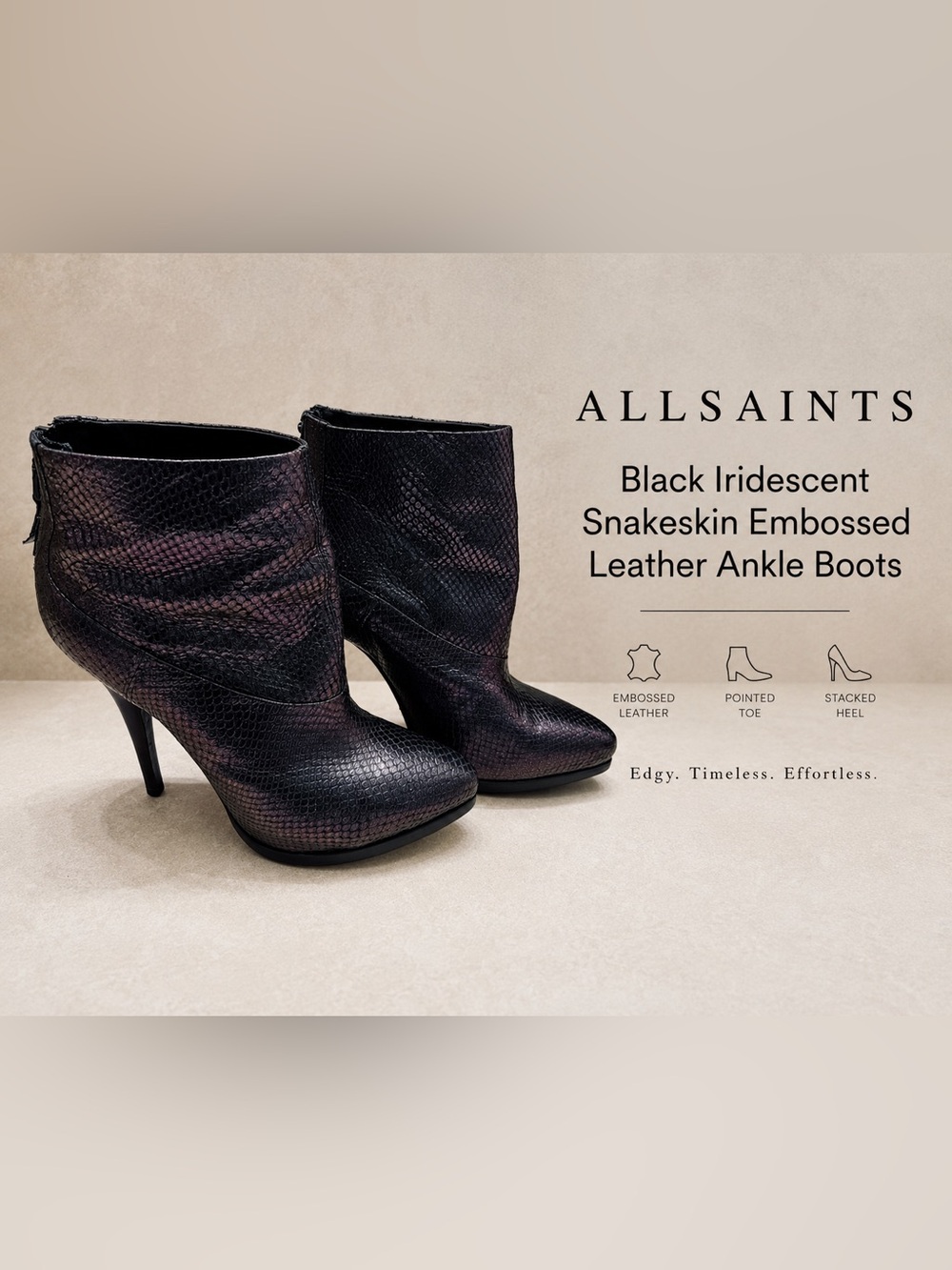 ALLSAINTS Black Iridescent Snakeskin Embossed Leather Ankle Boots